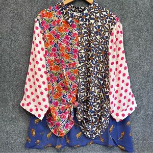 NWT Rose & Olive 3X patchwork tunic button front leopard floral dots tie waist
